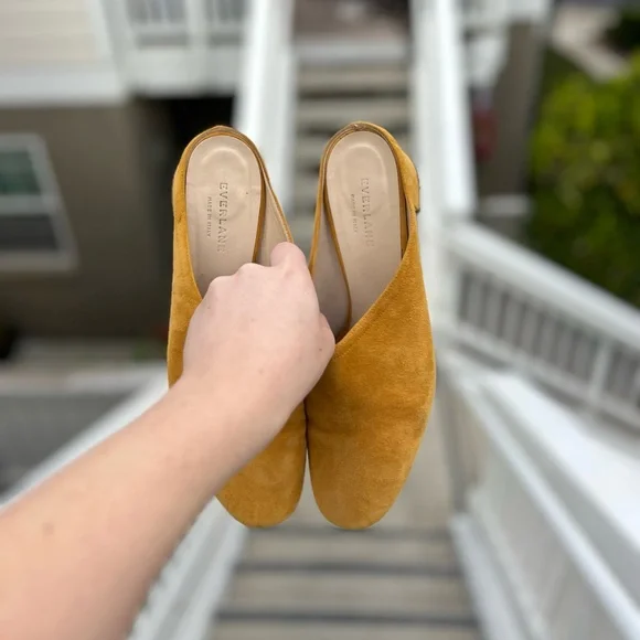 Everlane Mustard Yellow Suede Block Heel Mules - Picture 6 of 11